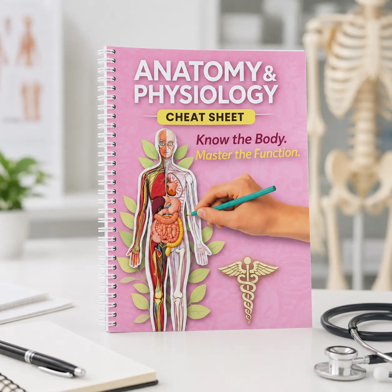 Anatomy & Physiology Study Guide Notebook, Spiral Bound Cheat Sheet Book for Human Body Systems, Nursing School, Medical Assistant and Pre Med Review