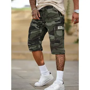 Men's Casual Camouflage Cargo Shorts, Drawstring Waist & Large Flap Pockets, Letter Patch Detail, Regular Fit Non-Stretch Fabric, Ideal for Outdoor & Daily Wear