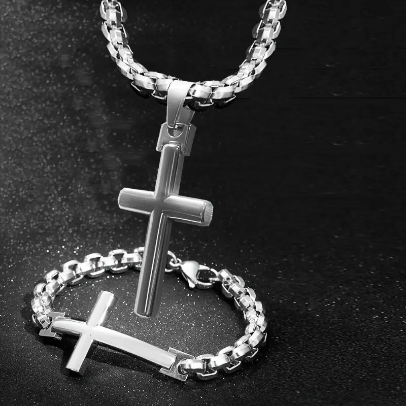 1/2 Men's Dare Stainless Steel Cross Pendant Necklace and Bracelet Set - Casual Silver Tone, Geometric Design