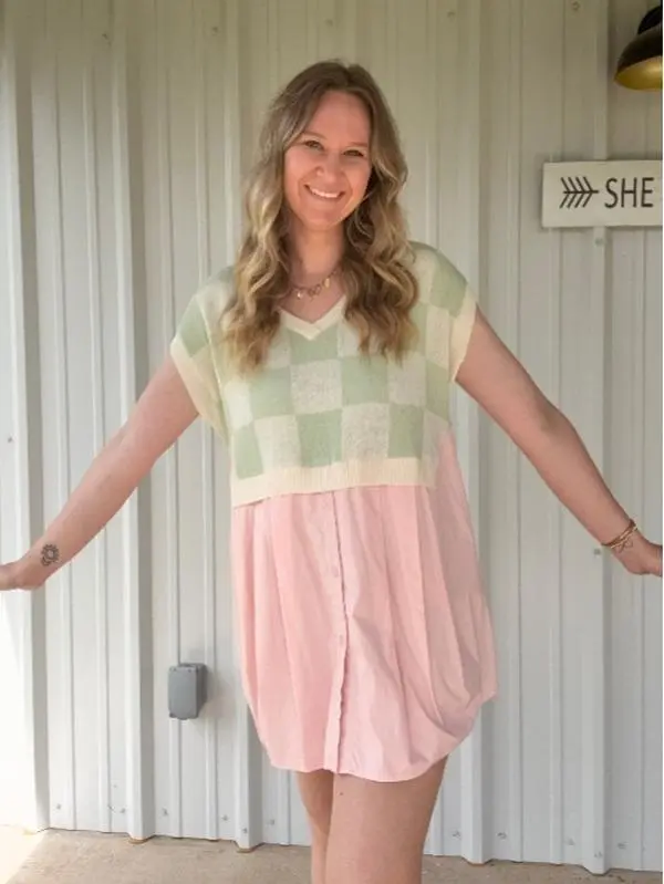 Sage checkered sweater top dress