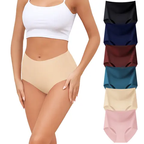 LEVAO Lady's 6-Pack Multicolor Basic Seamless High-Waist Panties, Smooth Breathable Cotton-Elastane Quick-Dry Briefs, Soft Stretchy Full-Coverage 3D Cut No-Show Underwear, Non-Iron Easy On/Off for Thanksgiving, New Year