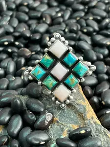 Handmade Sterling Silver Kingman Turquoise with Pink Opal Adjustable Ring "Signed Nizhoni"