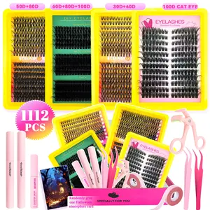 1112pcs Lash Cluster Extensions Gift Set, Natural & Extra Thick, Fluffy Eyelash Clusters, Includes Glue Tweezers Brush, Easy DIY Salon Look at Home