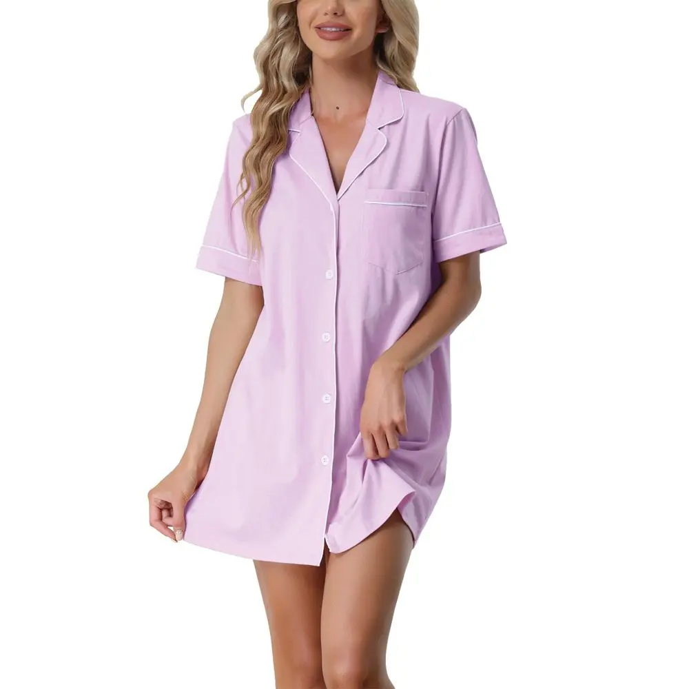 CHEIBEAR Women's Notched Collar Pajama Shirt Dress, Soft Cotton Blend Button-Down Nightwear with Pocket, Cozy Lightweight Knit Loungewear, Fabric