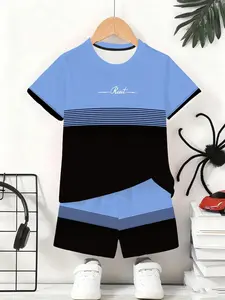Boys' Summer Casual Daily Wear Set, Geometric Print Short Sleeve Round Neck T-Shirt & Shorts, Outdoor Sports, Tee Shorts Set
