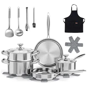 Meythway Pots and Pans Set Non Toxic, 16-Piece Stainless Steel Cookware Set with Steamer & Visual Lid, Kitchen Induction Cookware with Utensil Sets, Pot Protectors and Apron For Oven & Dishwasher Safe