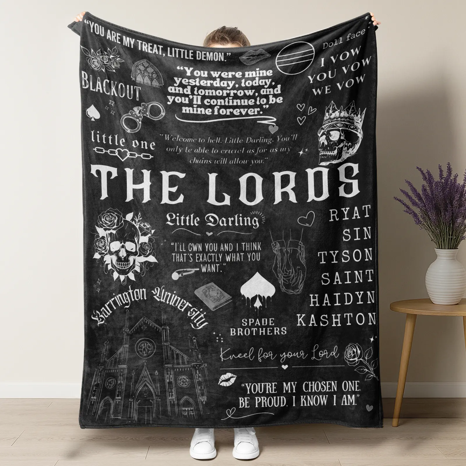 The Lords Spade Brothers Dark Romance Fleece Blanket Carrington University Quote Collage Design Perfect for Dark Romance Book Lovers Ideal for Book Nook Bedroom Decor
