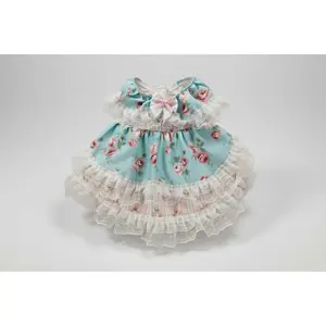 Vintage Charm Shabby Roses Dog Dress with Soft Pink Blue Floral Pattern & Delicate Ruffle Collar in White Lace Double Skirt Design