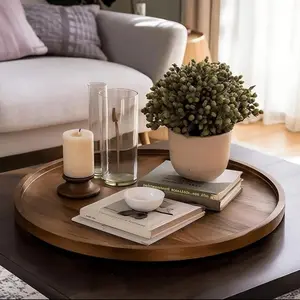 Round Wooden Tray, Multi-Purpose Desktop Decorative Tray for Kitchen, Dining Room, Bathroom Counter Organizer, Vanity Jewelry Storage, Jewellery Tray
