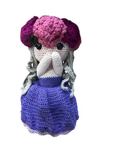 Unique Handmade Crocheted Blueeberry Blue Dress Doll Flower Bouquet 12" Tall 8" D Mexican Artisan Craft Special Gift