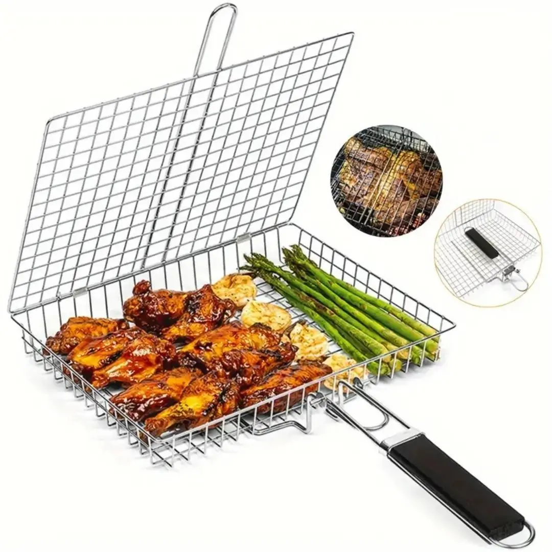 Portable Grill Basket, Stainless Steel Large Foldable BBQ Basket with Handles, Outdoor Camping Grilling Rack for Fish Shrimp Vegetables, Utensils, Barbecue Accessories
