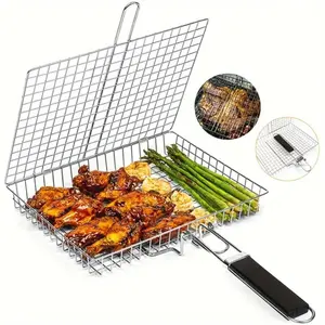 Portable Grill Basket, Stainless Steel Large Foldable BBQ Basket with Handles, Outdoor Camping Grilling Rack for Fish Shrimp Vegetables, Utensils