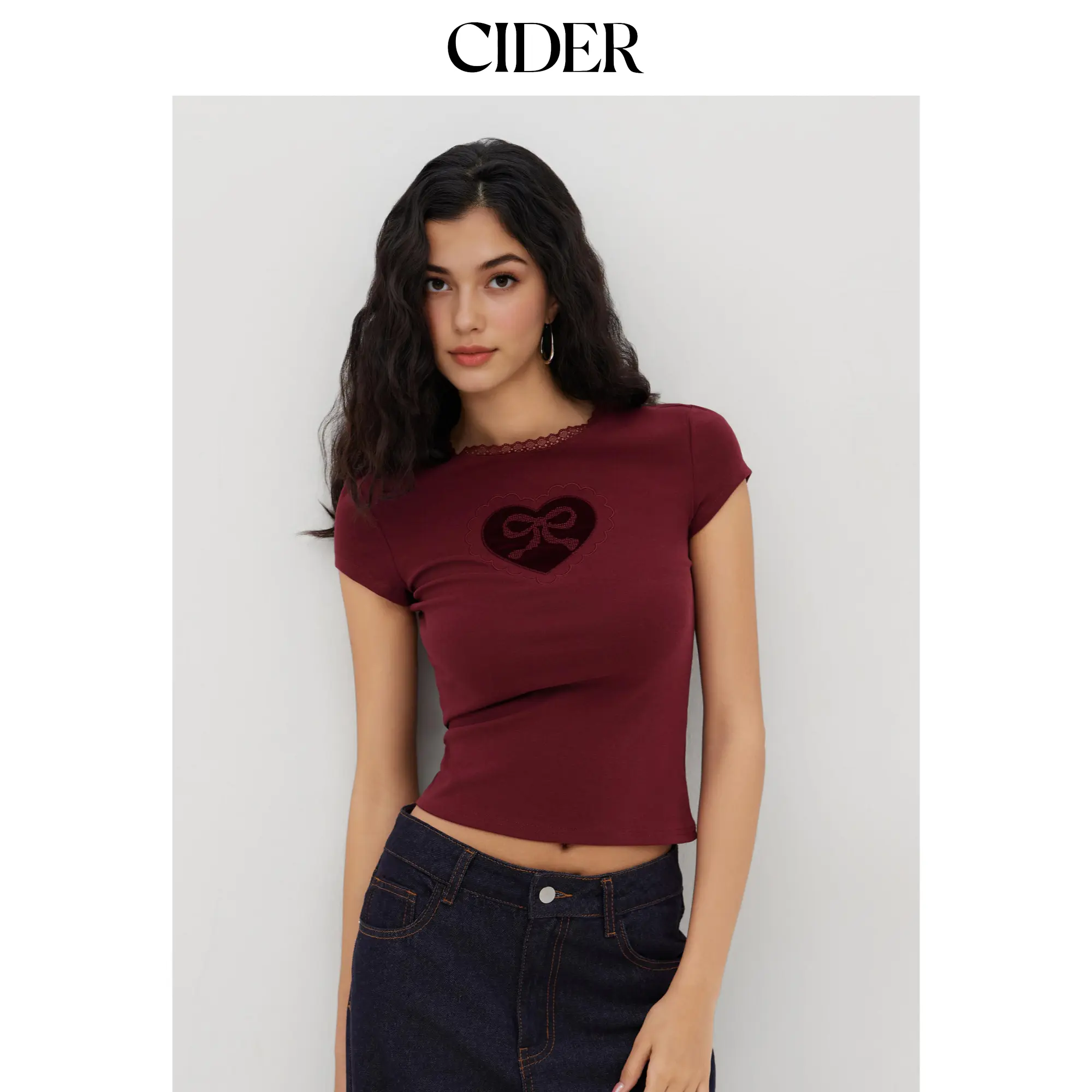 Cider [3 colors, size 0-26] Cotton-blend Bowknot Heart Lace Trim Ruched Tee