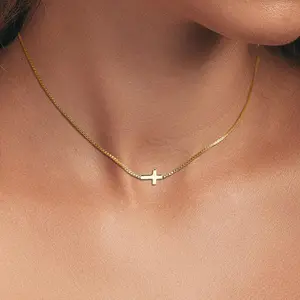 LuckyJewelry B Gold Cross Necklace for Women 14K Gold Silver Plated Dainty Small Cross Pendant Choker Simple Trendy Cute Cross Charm Chain Necklace Easter Basket Stuffers Baptism Religious Faith Jewelry Gift