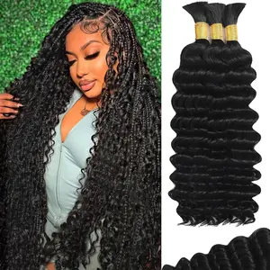 GK 110g 1 Bundles Human Braiding Hair for Boho Braids 16 Inch Curly Boho Hair for Braiding Knotless 12A Deep Wave Bulk Bohemian Natural Black
