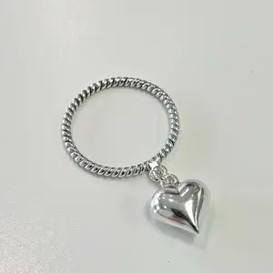 Sterling Silver 925 Dainty Twisted Band Ring with a Dangling Puff Heart Charm Love Jewelry