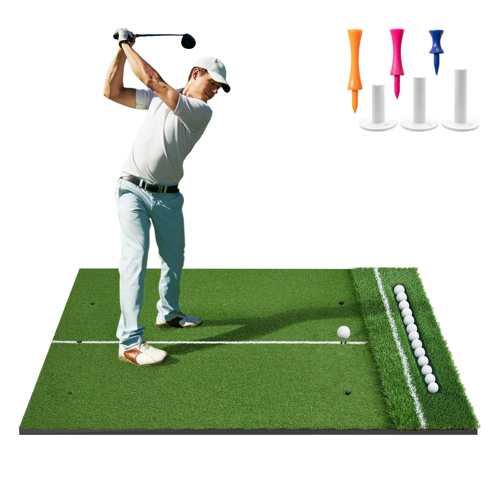 5x4/6x4ft Golf Hitting Mat – Dual Turf with Ball Tray, 10/15mm Base, 3 Tees for Chipping/Swing/Driving, Indoor & Outdoor
