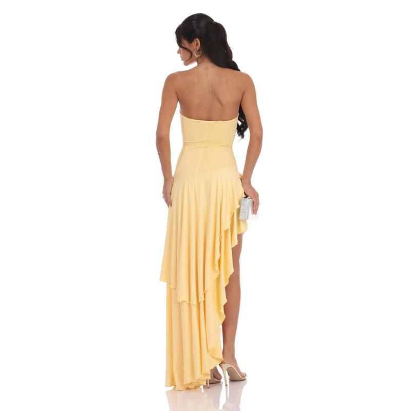 Lucy in the Sky Strapless Ruffle Asymmetrical Maxi Dress in Yellow