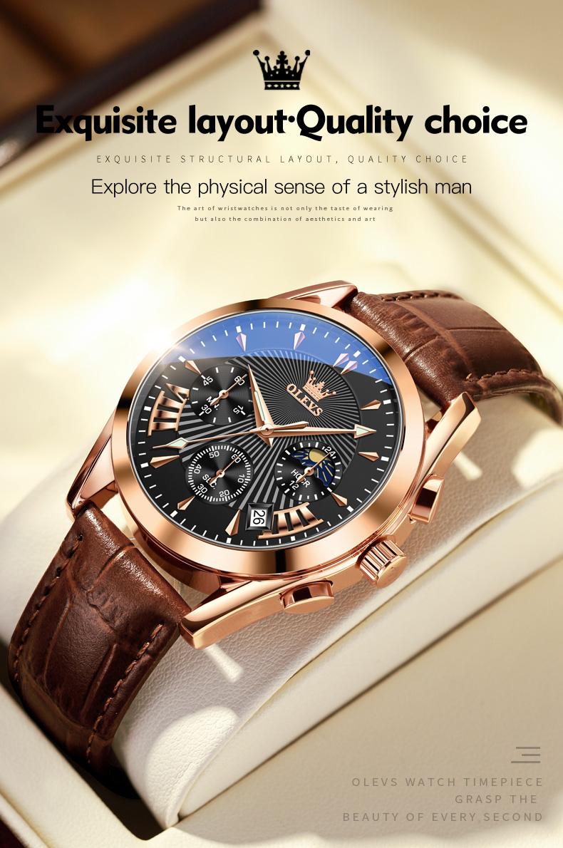 OLEVS Men’s Chronograph Watch Leather Strap Waterproof Quartz Wristwatch with Date Moon Phase Luminous Hands Business Casual Gift for Men 2876