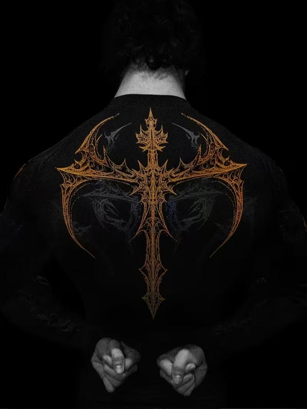 Men's Professional Sports Quick-Dry Fitness Shirt, Gothic Print Long Sleeve, High Elasticity, Round Neck, Moisture-Wicking, Running, Training, Daily Wear, Athletic Top