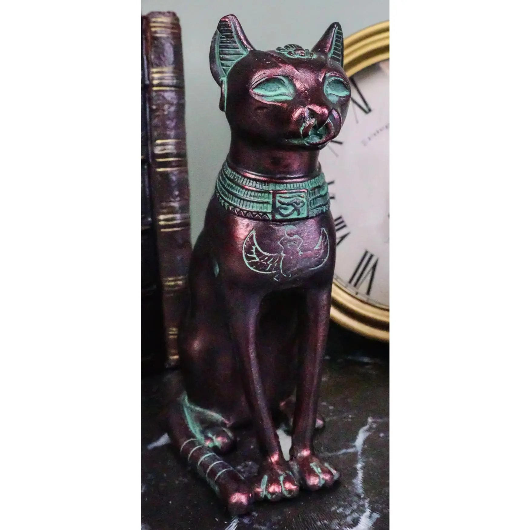Egyptian Goddess Bastet Cat Sitting Figurine In Rustic Aged Bronze Patina Finish