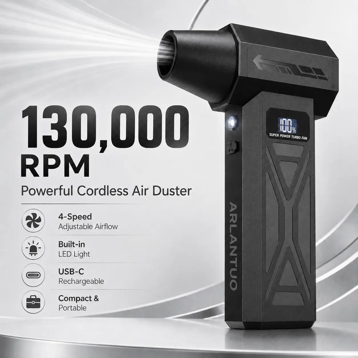 Cordless Air Duster, 130,000 RPM Electric Air Blower with LED Display, USB-C Rechargeable Keyboard Cleaner, 4-Speed Adjustable Turbo Duster with 5 Nozzles for Computer, Electronics, Car & Home Cleaning