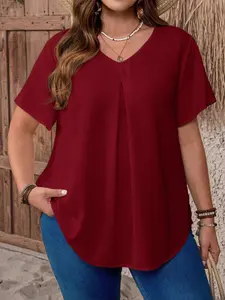 Summer New Arrival, Elegant Cool Comfortable Fashion, Solid Color Plus Size Women's Top, Casual V Neck Loose Fit Short Sleeve Pleated T-Shirt, Chest Pleat Design