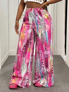 Plus Size Women's Wide Leg Pants, High Waist, Colorblock Animal Print, Tropical Vacation Style, Casual, Holiday, Date, Commute Friendly