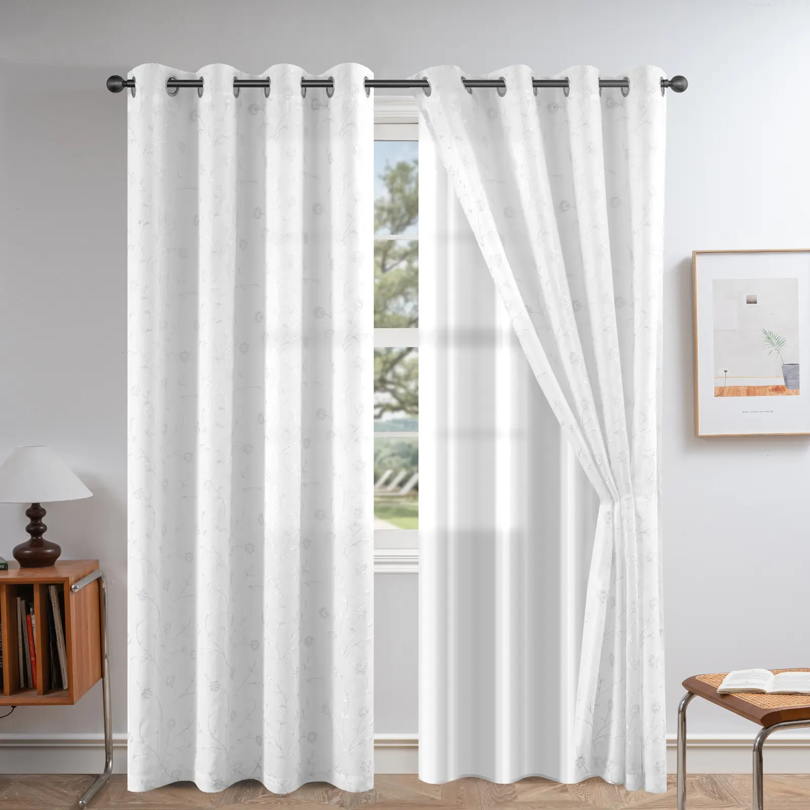 Petrichor Luxury Double Layer Curtains, Satin-Lined Voile Embroidered Floral Pattern, Light Filtering Grommet Top Window Drapes