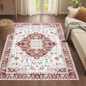 [Black Friday & Cyber Monday]Washable Vintage Rug , Red Boho Floral Carpet, Non-Slip Faux Cashmere for Living Room, Bedroom & Dining Room-S