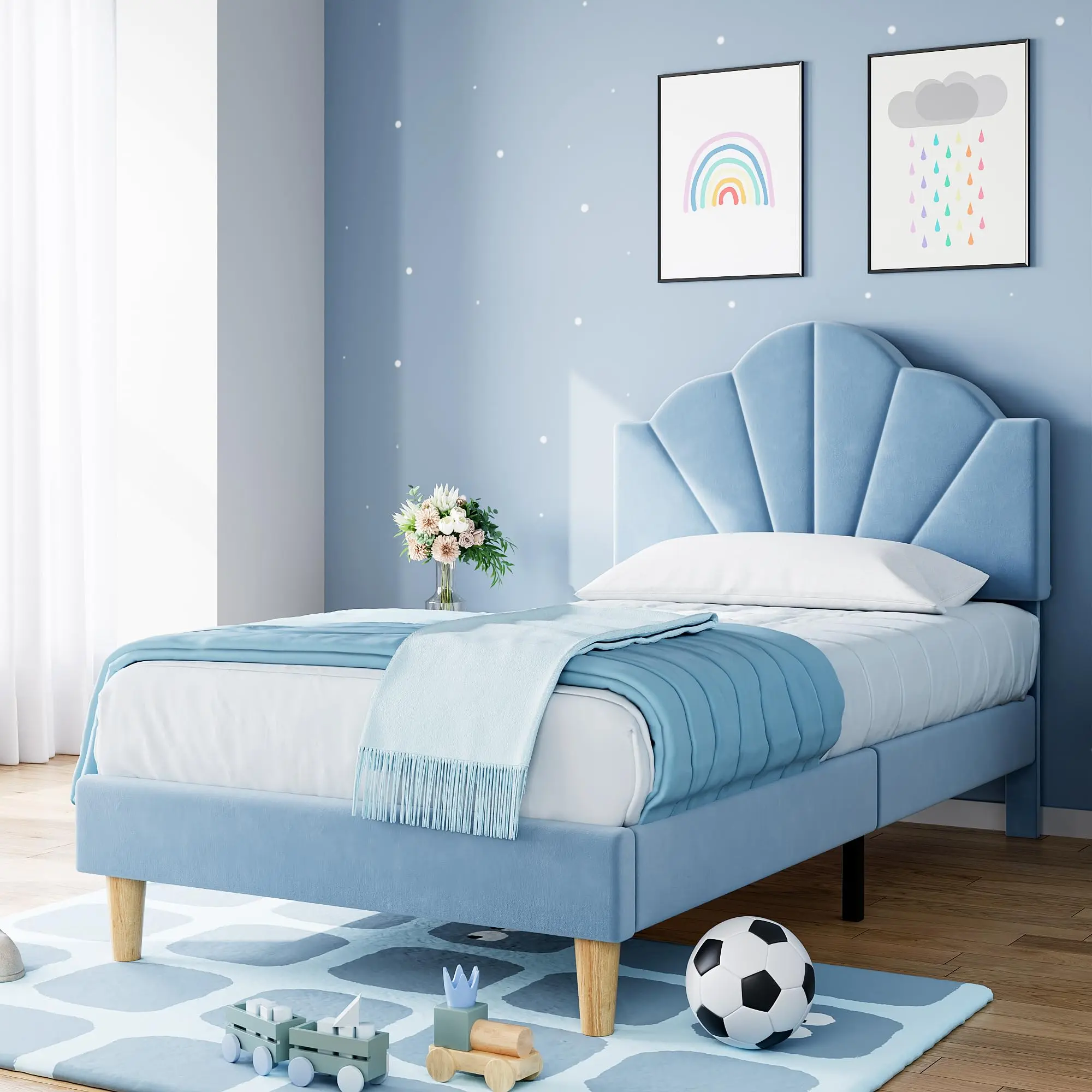 Twin Bed Frame with  Shell Headboard, Velvet Upholstered Twin Platform Bed Frame for Girls, Strong Wooden Slats Support, Noise-Free, Blue
