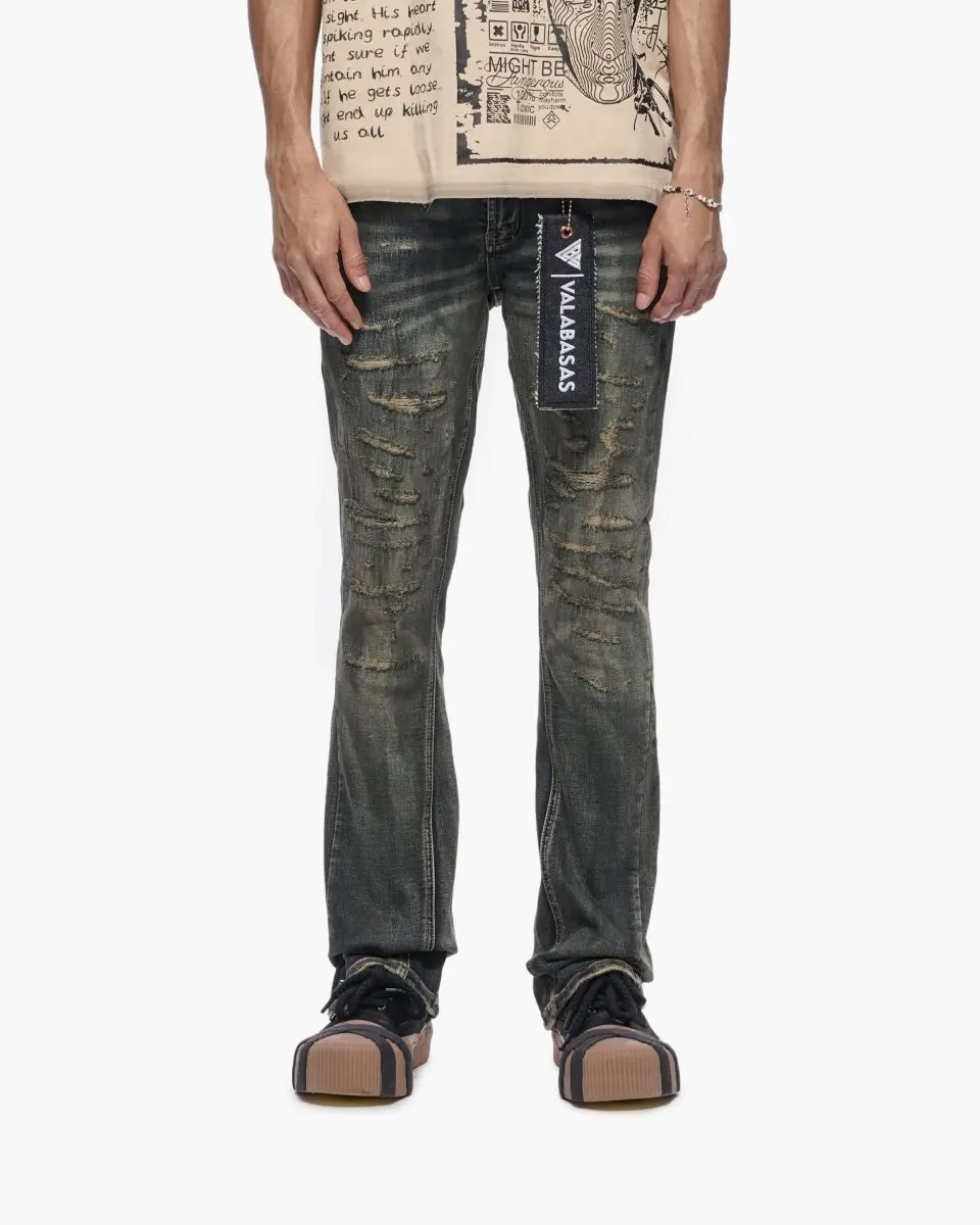 Sabotage Men's Stacked Denim Jeans, Light Vintage Wash Streetwear Fit with a Narrow Leg to Drape Over Sneakers, Menswear, Graphic, Pants, Spot Clean, Denim Fabric, Casual, Cold Wash, Hang Dry, Store Folded Or Hung In A Cool Dry Place, Tumble Dry
