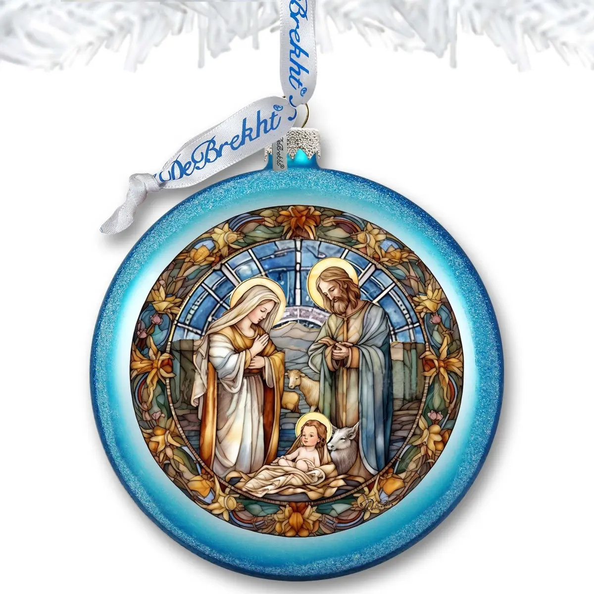 212 MAIN Handpainted Satin Mercury Glass Round Nativity Ball Ornament - 3x3.5 in, Handcrafted in the USA, Holy Family Design, Christmas Tree Decor, Indoor Holiday Home Decor with Ribbon, Box