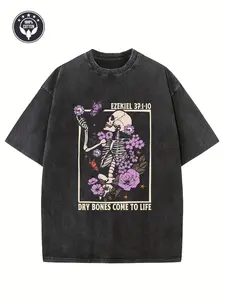 Dry Bones Come To Life Ezekiel 37:1-10 Graphic T-Shirt, Vintage Washed Skeleton Floral Print Tee, Oversized Crew Neck Shirt, Christian Gothic Casual Short Sleeve Top, Trendy Faith Aesthetic Cotton Tee for Christian Believers, Gothic Style Fans and Skeleto