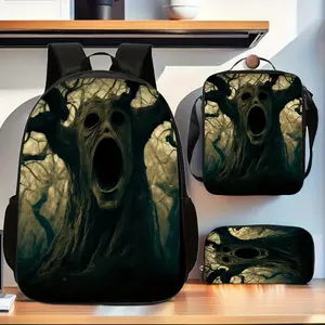 Horror-themed 3-piece fashion backpack set, including a spacious school bag, handbag, and pencil case, is an ideal school bag set for both men and women, perfect for organizing luggage
