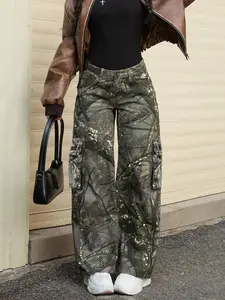Women's High Waist Loose Fit Camo Cargo Pants, Casual Straight Leg Denim Jeans, Y2K Fashion Winter Sports Pants with Pockets
