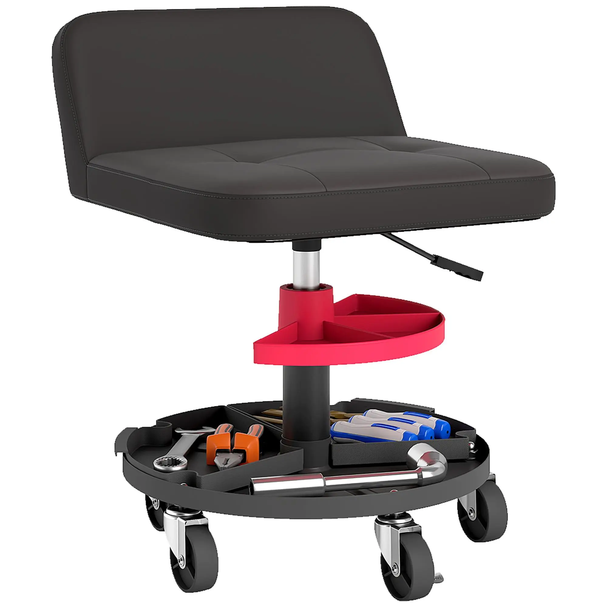 HOMCOM Mechanics Steel Frame Rolling Stool - Height Adjust, Supports Up to 300 lbs, Pneumatic Lift, 360° Wheels, Backrest, Padded Seat, Tool Tray Storage, Ergonomic Garage Creeper Shop Chair, DEHP-Free, Black