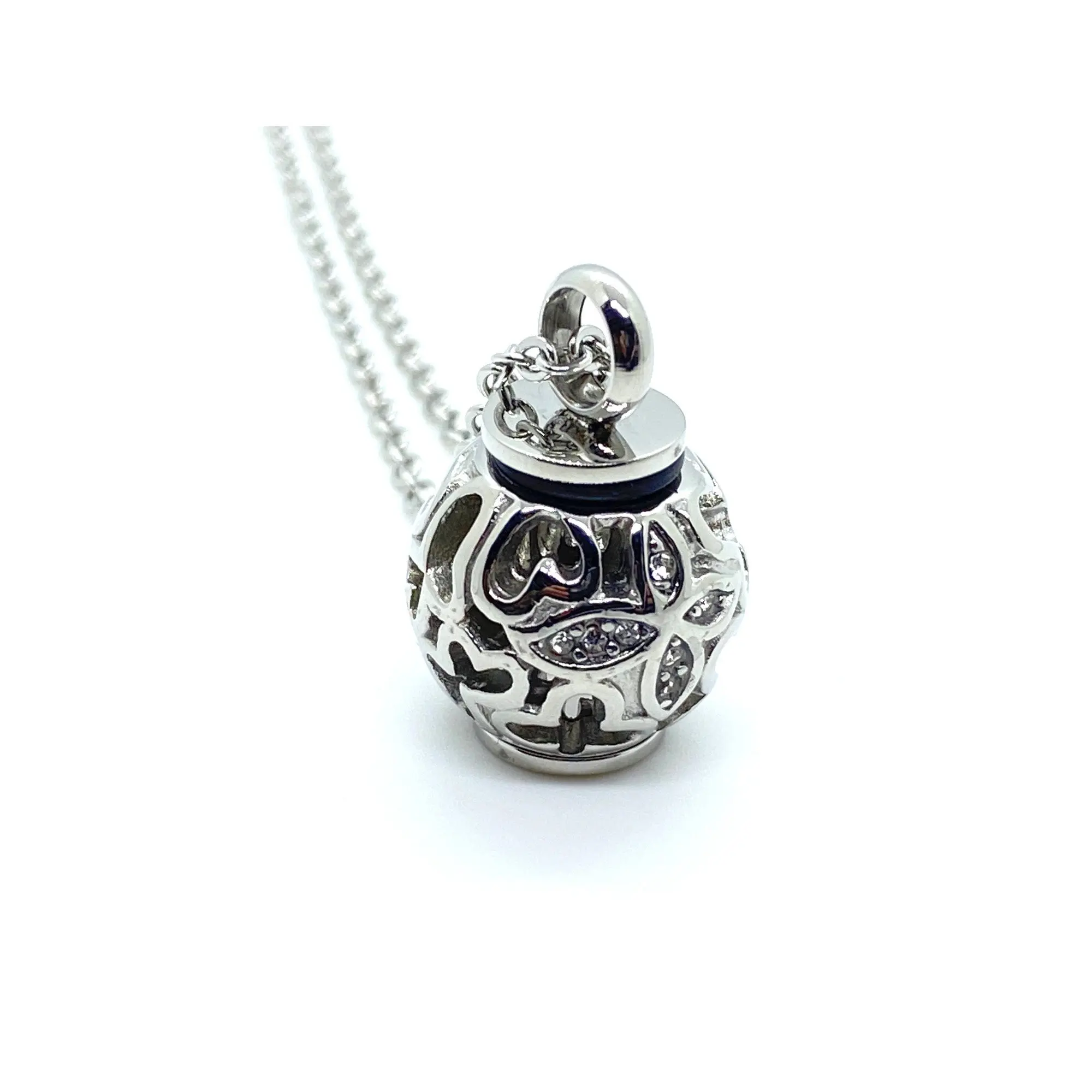 Silver Floral Ball with Canister Cremation Necklace, Keepsake, Memorial, Ashes