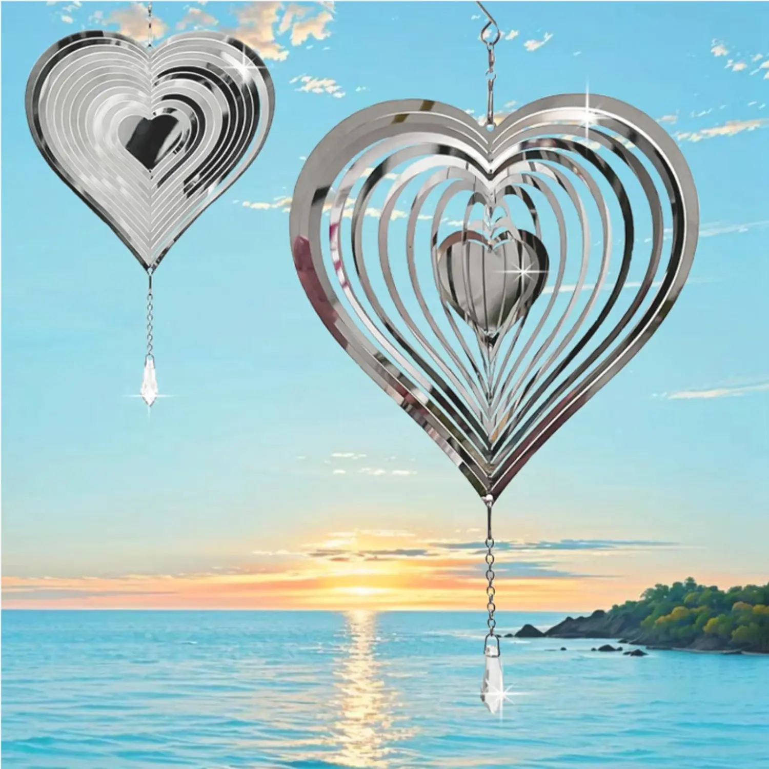 Wind Spinner Outdoor Metal Decorations,Silver Heart Wind Spinners for Yard and Garden,Stainless Steel Wind Chimes for Outside Decor,Birthday Gifts for Mom,Mother's Day,Aunt Gifts, Backyard Decor, Yard Decor