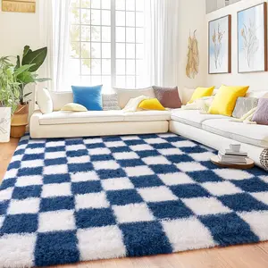 G-DAKE Large White Teal Checkered Shag Rug Thick Fluffy Soft Anti-Slip Stylish Carpet Fresh Aesthetic Decor for Living Room Bedroom Dorm