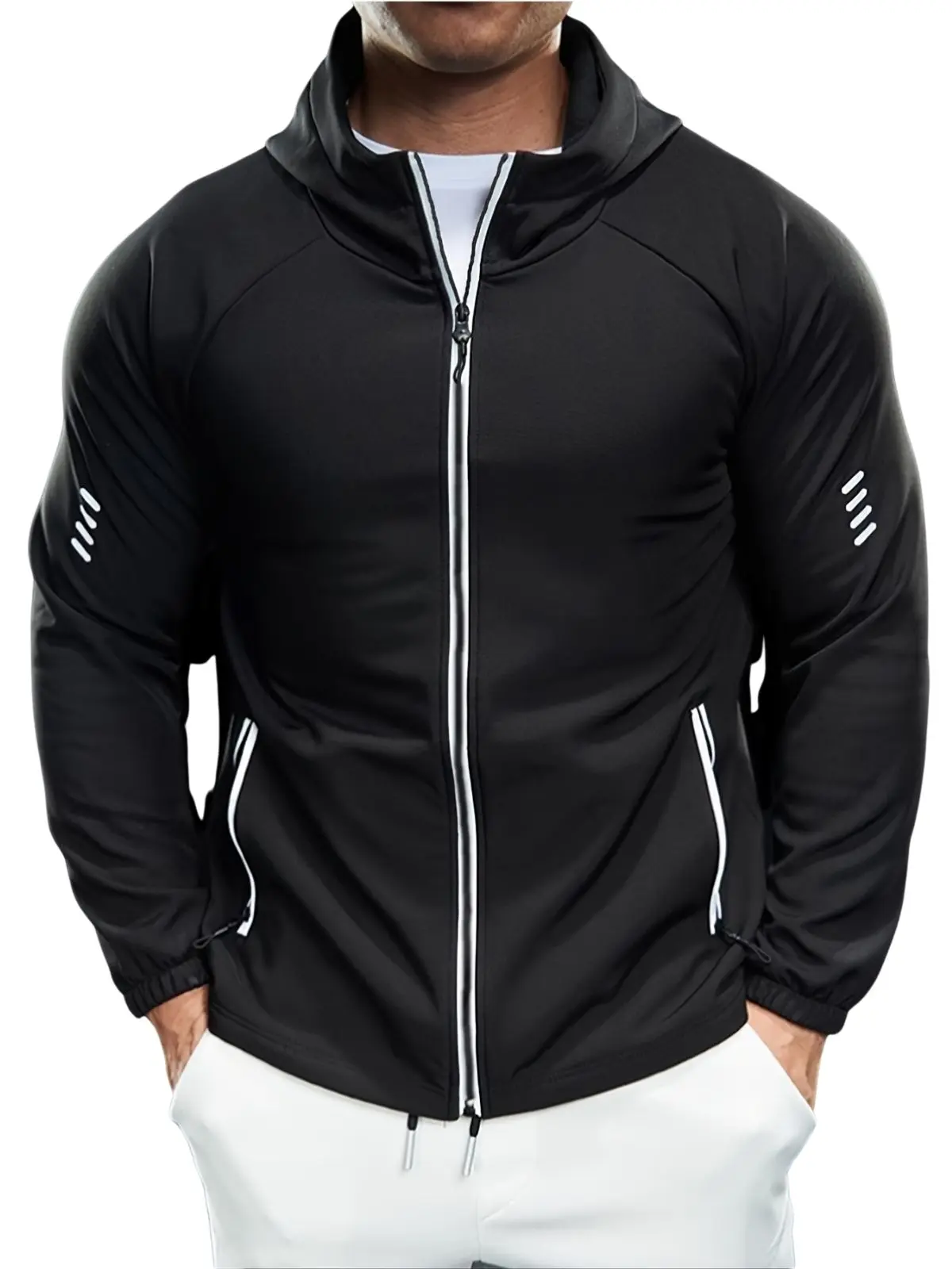 Men’s Colorblock Polyester Hooded Athletic Jacket - Full Zipper, Lightweight Raglan Sleeves, Reflective Stripe Accents, Zippered Secure Storage Pocket, Machine Washable Sports Running Fitness Jacket, All Seasons, Long Sleeve, Striped, Xxl, Workout Jacket
