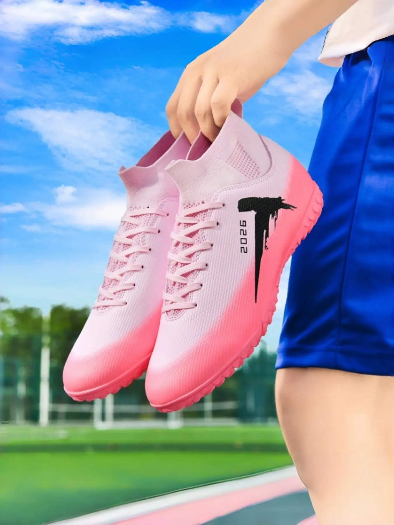 1 Pair Unisex Turf Soccer Cleats | Trendy | Pink Gradient | Lightweight | Durable | Non-Slip | High-Top Support | Shock-Absorbing | Ideal for Amateur/School Matches, Casual Wear & All Occasions