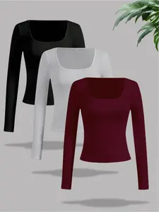 Women's Solid Square Neck Long Sleeve Tee, Casual Basic T-shirt for Fall & Winter, Women's Top for Daily Wear