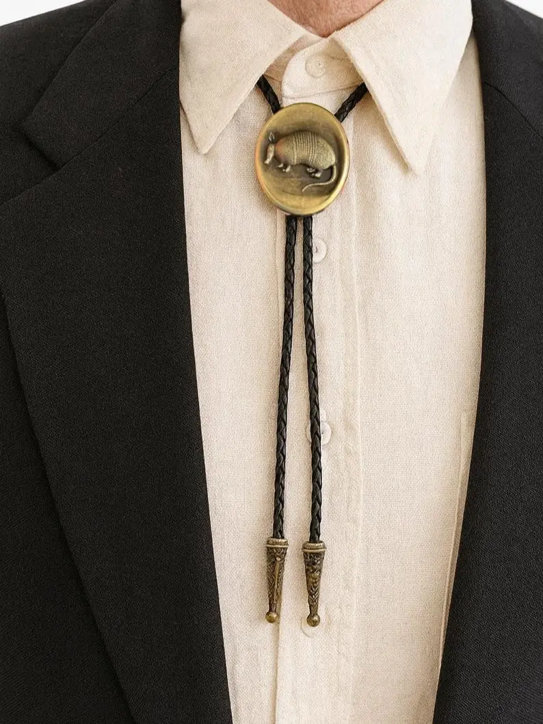Armadillo Bolo Tie : Western Cowboy Leather Necklace - Handmade
