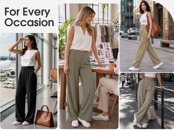 ODODOS Women's High-Rise Wide Leg Elastic Bottom Trousers - Everyday Basic Adjustable Tailored Stretch Work Pants with Pockets, 33" Inseam, Fabric