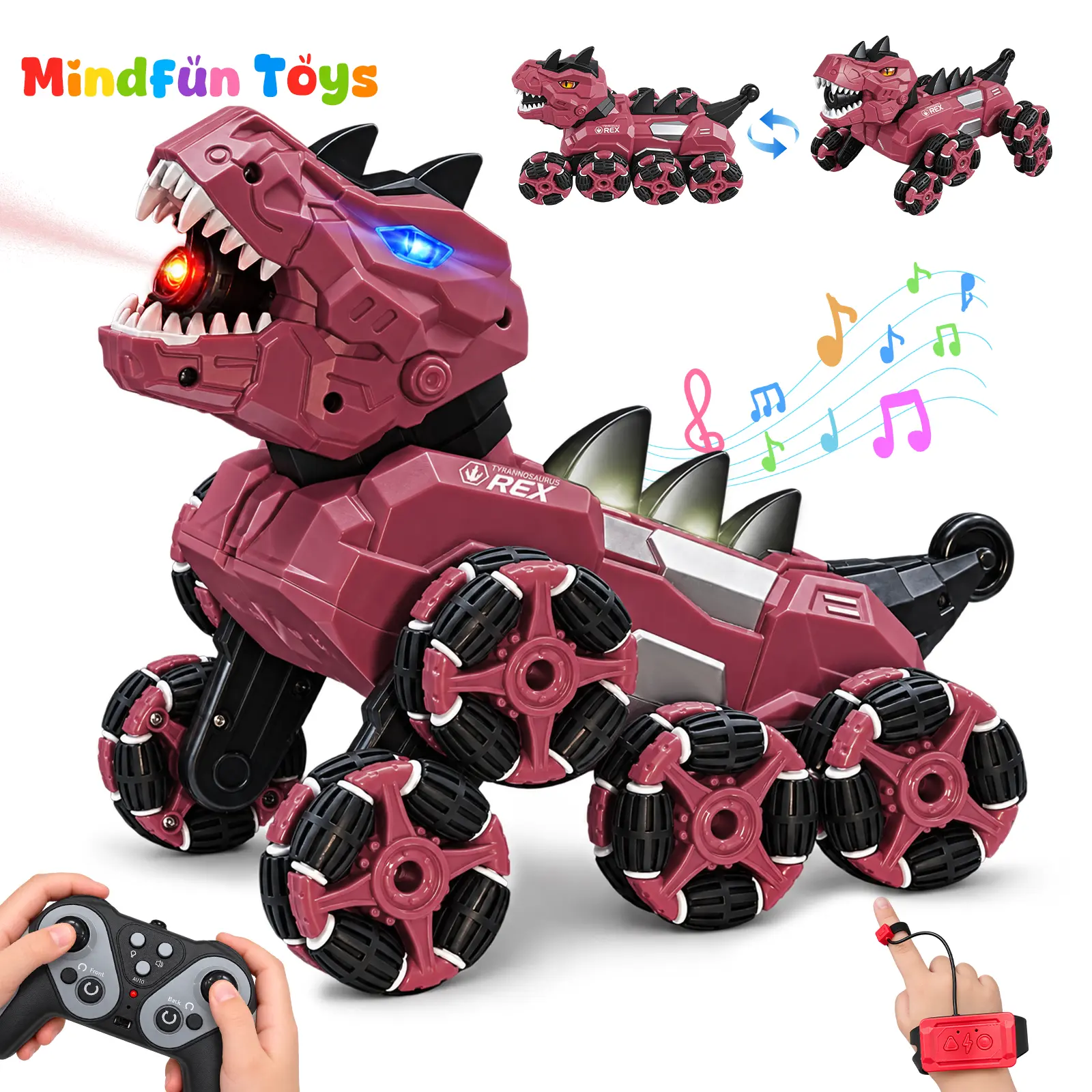 8 Wheels Dinosaur Transform RC Stunt Car , 2.4Ghz Remote Control Monster Truck with Spray 360° Rotation Lights , Birthday Christmas Gift for Kids Boys Ages 6-12