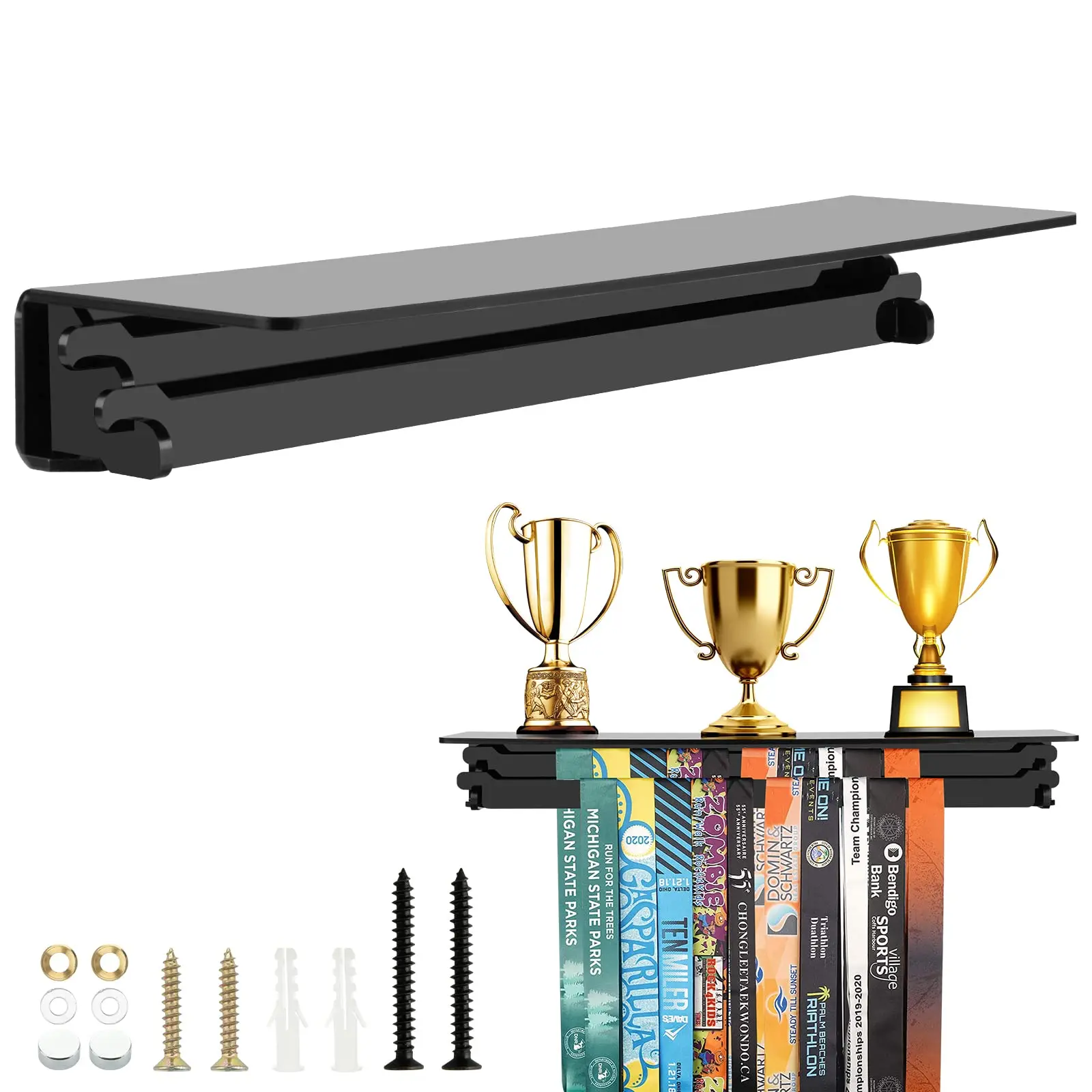 Medal Display Holder Trophy Shelf Organizer & Trophies Cup Wall Mount Floating For Sport Awards Running Marathon Athletes