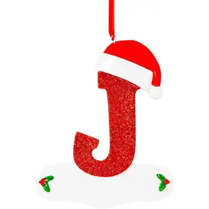 Christmas Initial Letters Ornaments Personalized DIY Red Hat Letters Ornaments Christmas Tree Pendant Decoration Xmas  Decor (J)