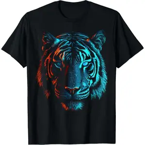 Majestic Tiger Art In Vibrant Red And Blue On Stylish T-Shirt