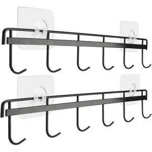 Yizhi Adhesive Wall Hooks Rack Kitchen Rail, Space Saving Utensil Holder No Drilling Wall Mounted Accessory Hanger with 6 Hooks for Kitchen Bathroom Bedroom Pack of 2 (Black) Yizhi Direct
